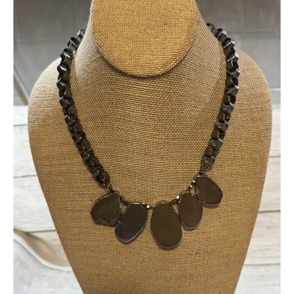 Chunky Metal Chain (Paper Look) Flat Stones Dark Gray Statement Necklace NEW TbX